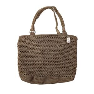 Lina Women's Brown Crochet Woven Knit Shoulder Bag Grannycore Zip Close Boho 20"